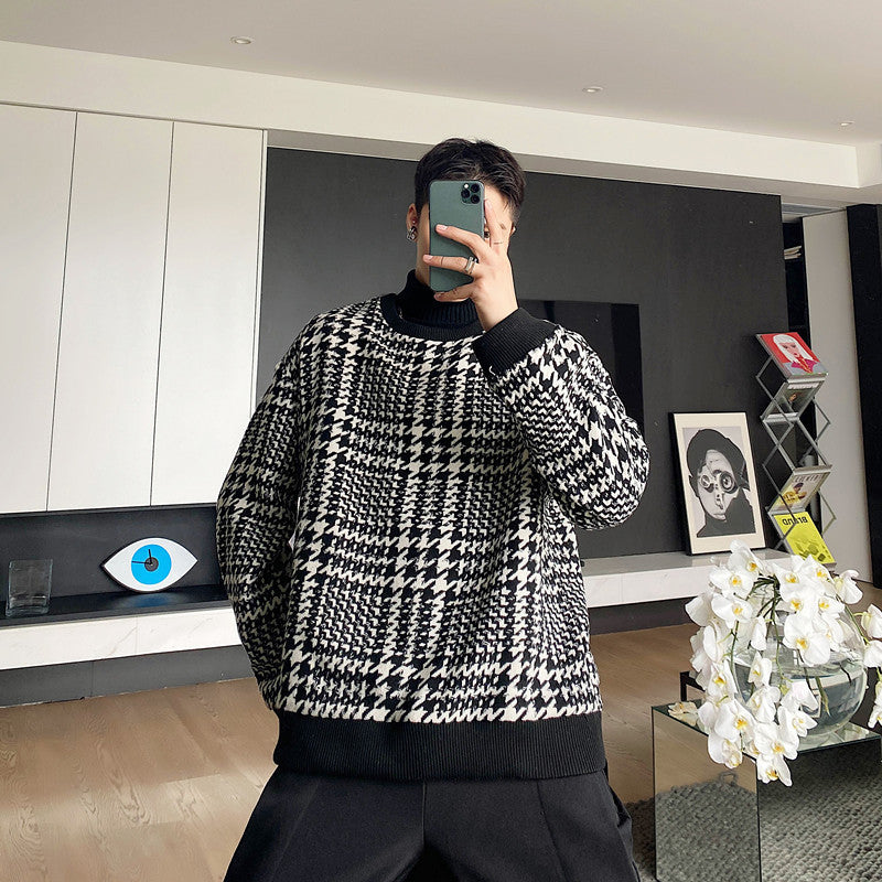 Pullover Long-sleeved Jacket Men's Woolen Plaid Top Trendy Brand