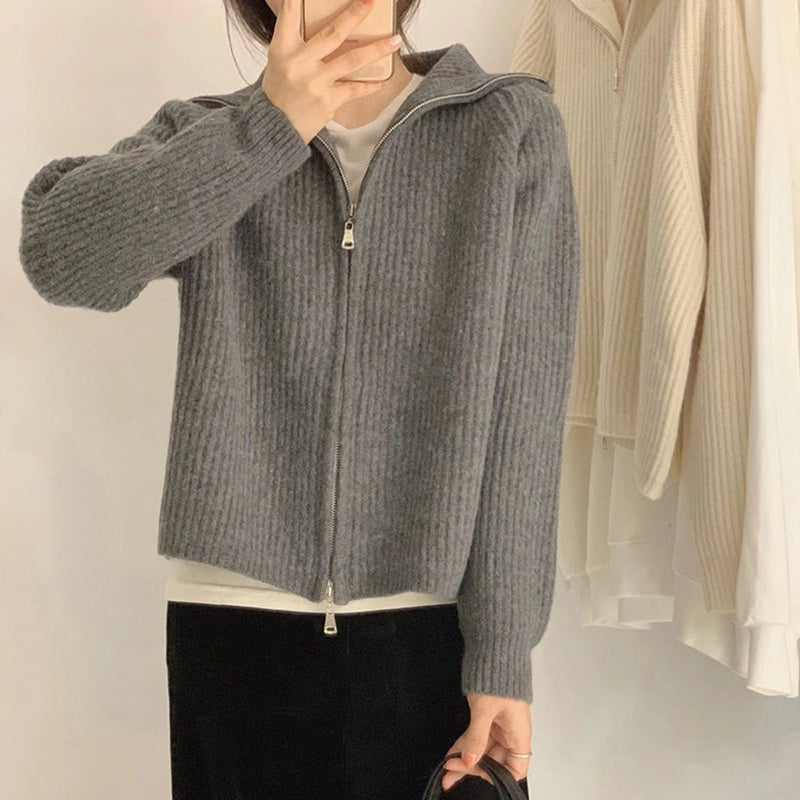 Zipper Knit Cardigan Womens Fashion Loose Outer Wear Lazy Sweater Jacket Top