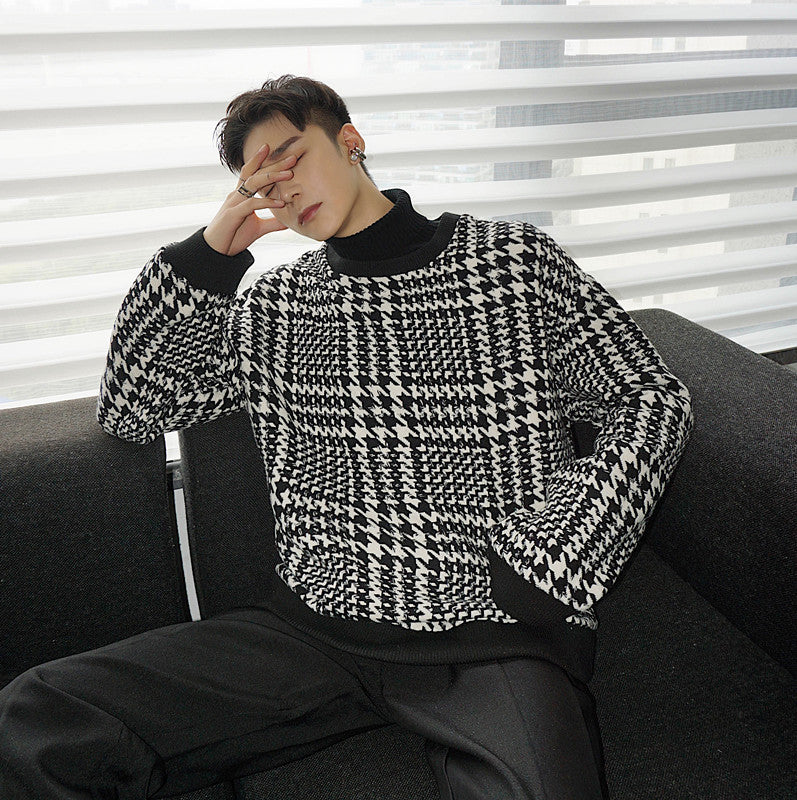 Pullover Long-sleeved Jacket Men's Woolen Plaid Top Trendy Brand