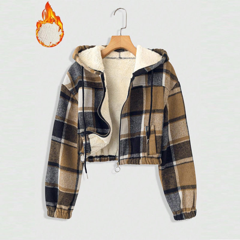 Women's Elegant Plaid Hooded Jacket, Full-Zip Lightweight Coat For Winter Casual Wear