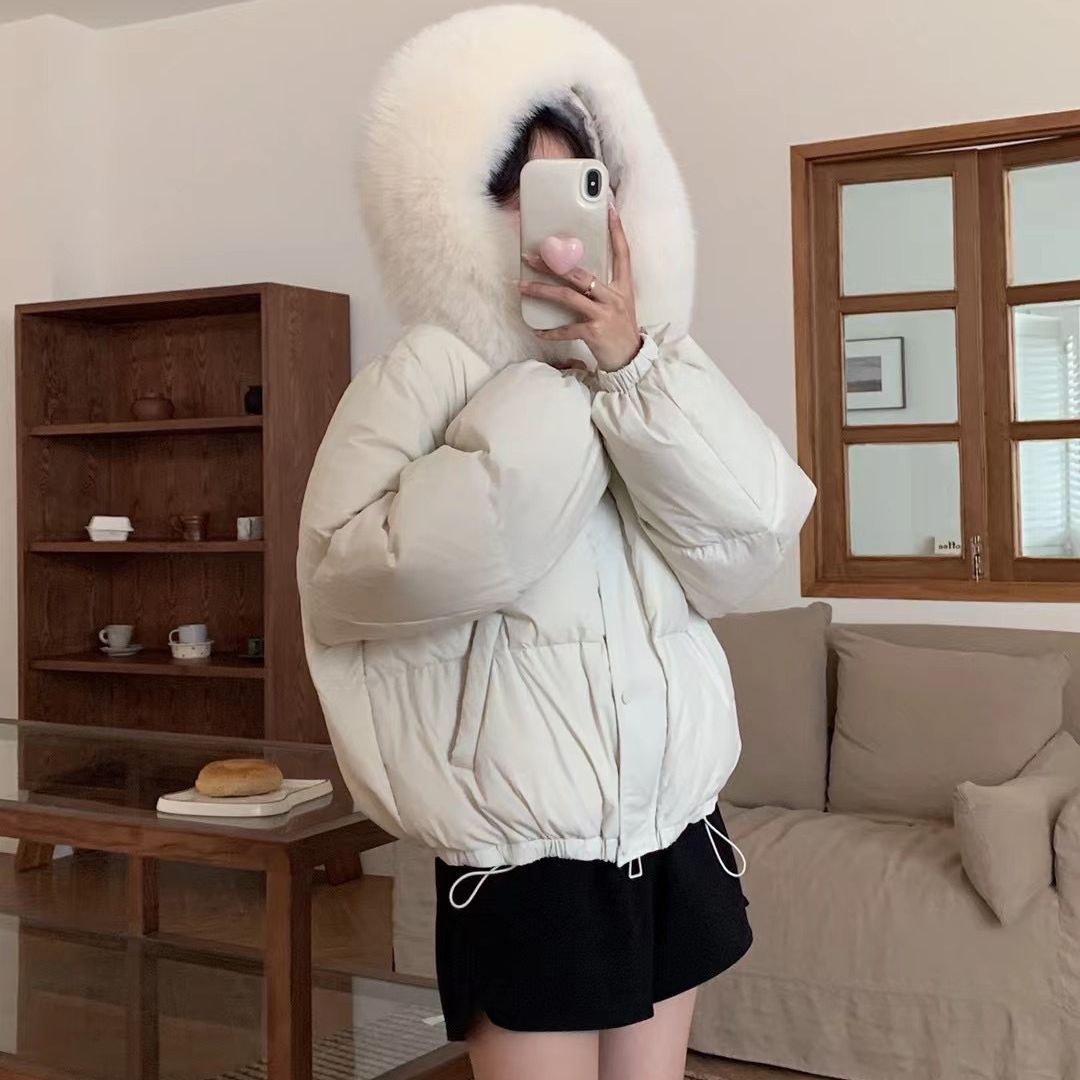 Fox Fur Collar White Duck Down Loose Thickening Keep Warm Coat