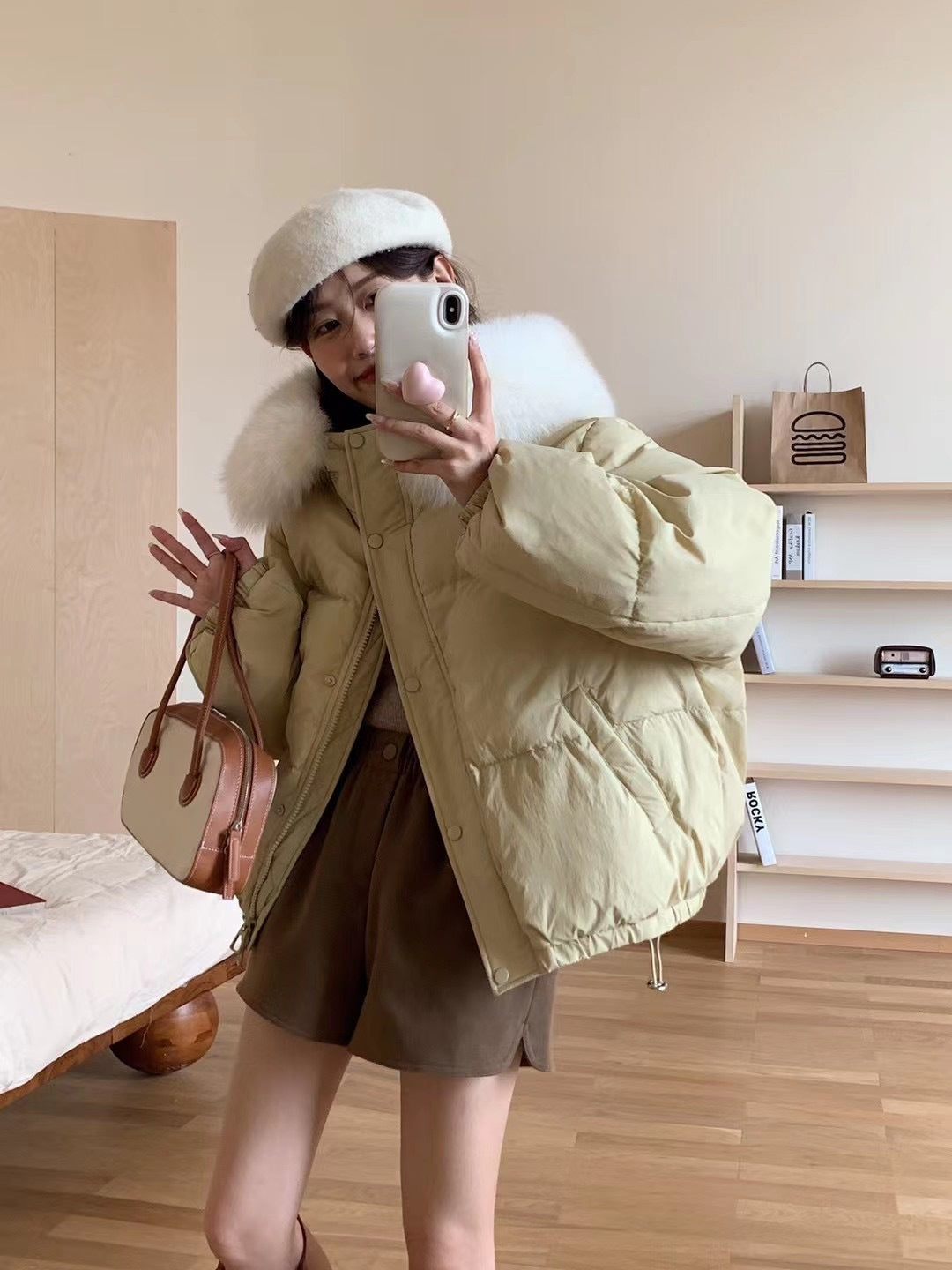 Fox Fur Collar White Duck Down Loose Thickening Keep Warm Coat