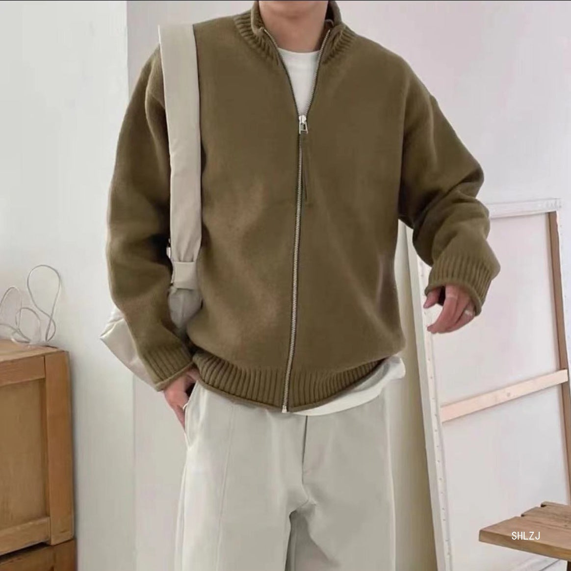 Men's Spring And Autumn Stand Collar Knitted Cardigan Jacket