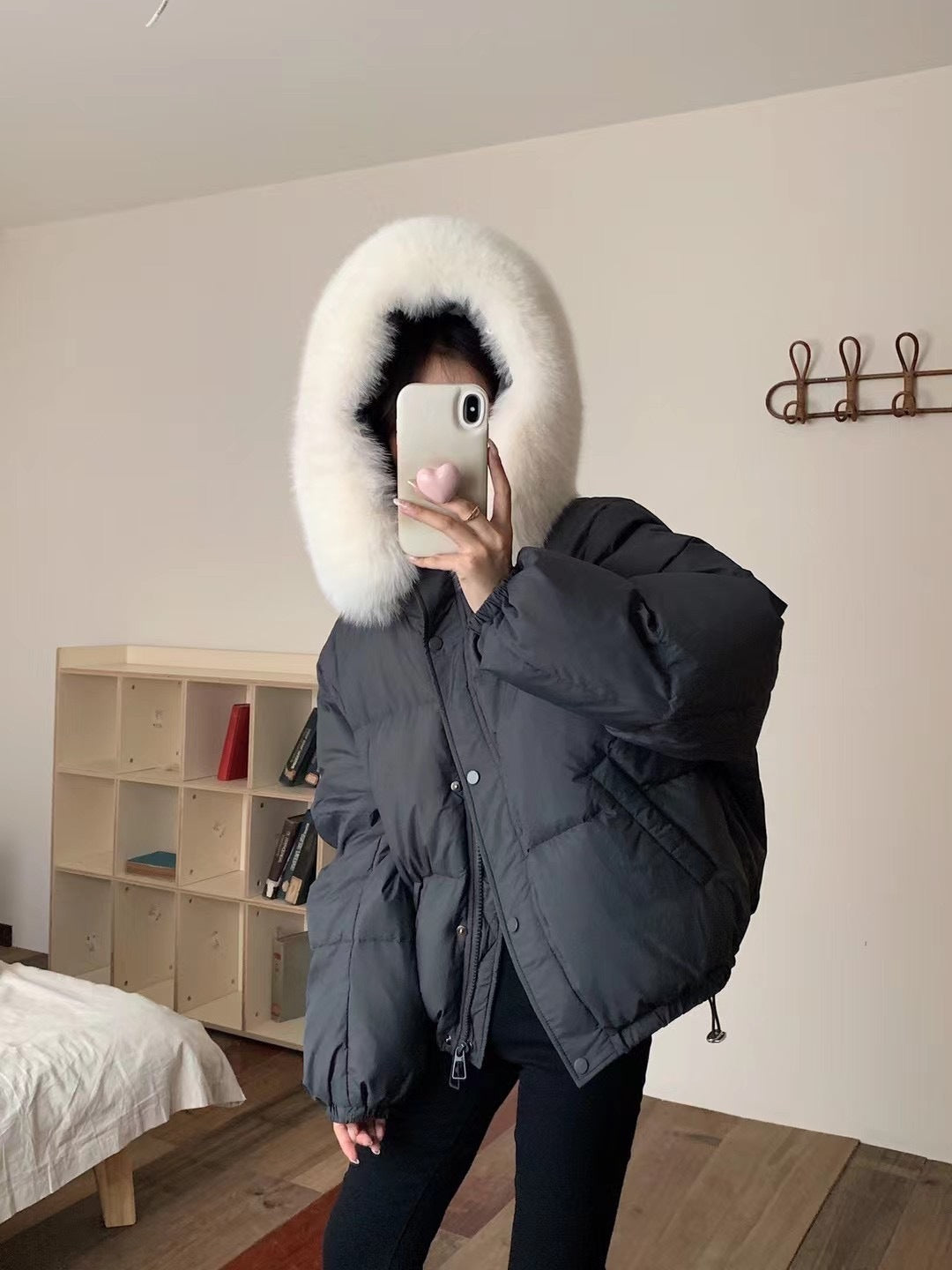 Fox Fur Collar White Duck Down Loose Thickening Keep Warm Coat