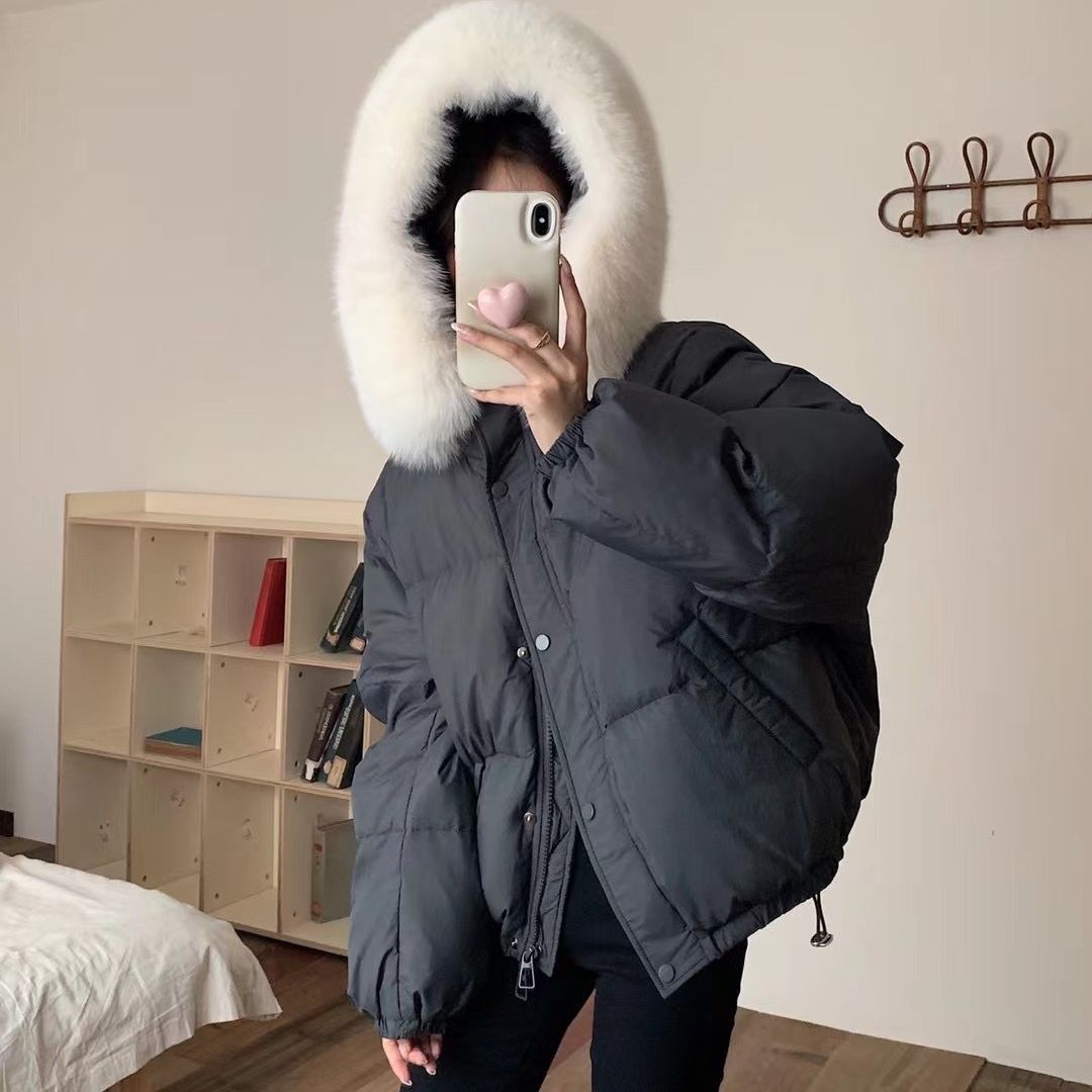 Fox Fur Collar White Duck Down Loose Thickening Keep Warm Coat