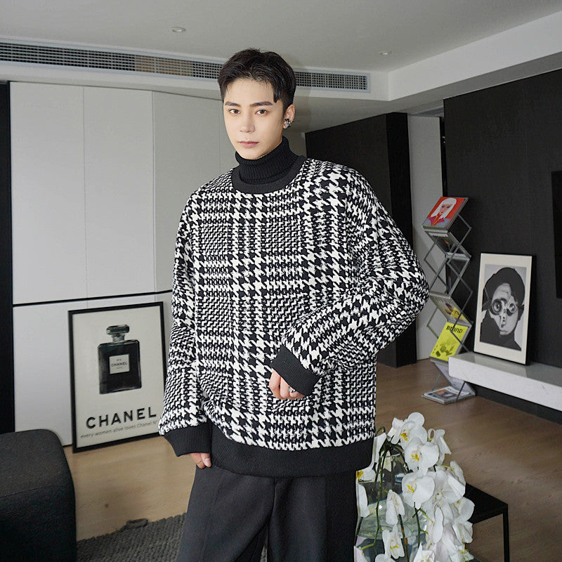 Pullover Long-sleeved Jacket Men's Woolen Plaid Top Trendy Brand